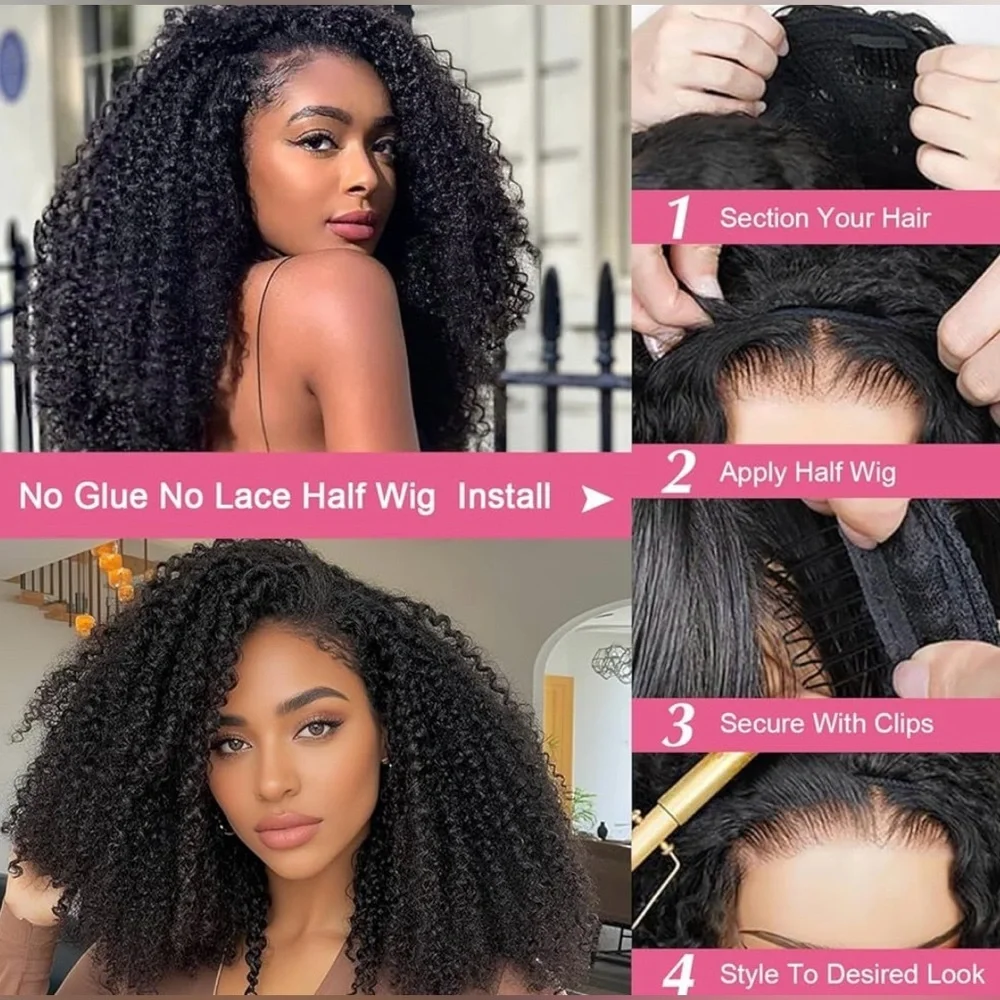 Natural Black Kinky Curly Human Hair 26 Inch Glueless Half Wig
